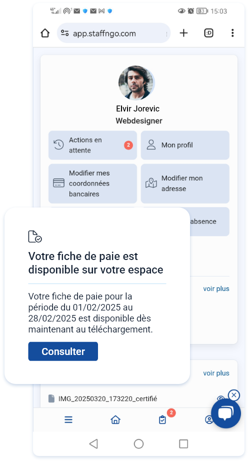 E-coffre salarié notification de reçu de fiche de paie logiciel SIRH staff & go