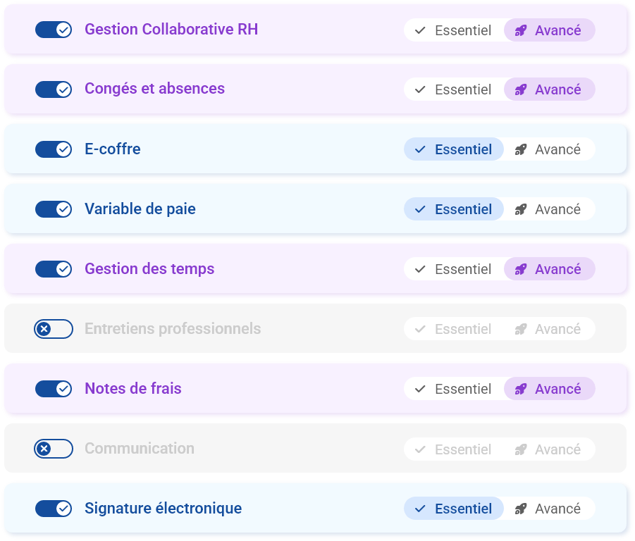 Gestion des modes Essentiel et Avancé par module