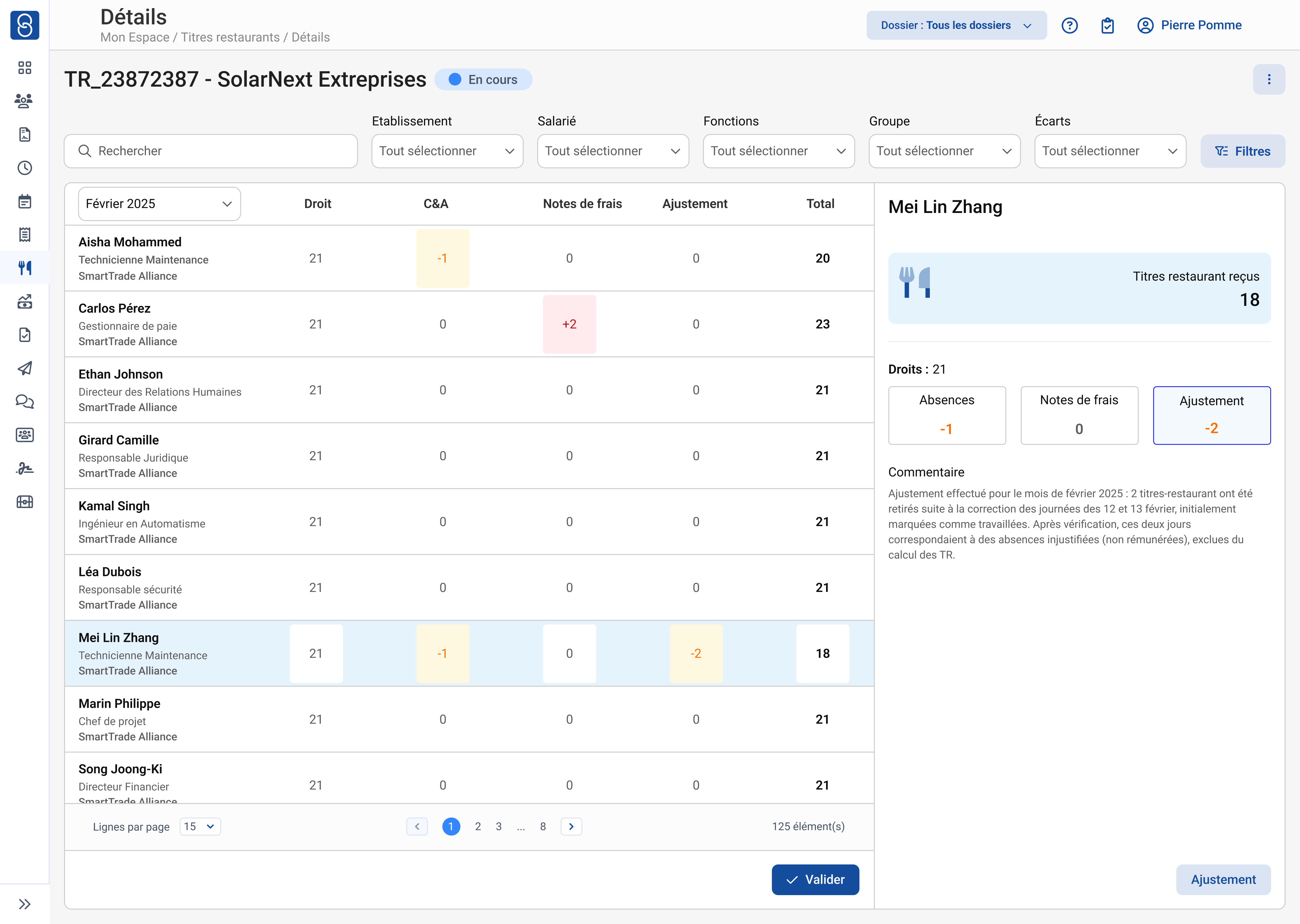 Ecran de l'application Staff & Go - Module EVP - Calcul des tickets restaurant