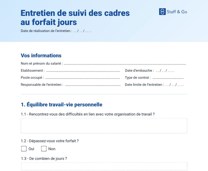 Modèle d'entretien Staff & Go pour suivi des cadres au forfait jours