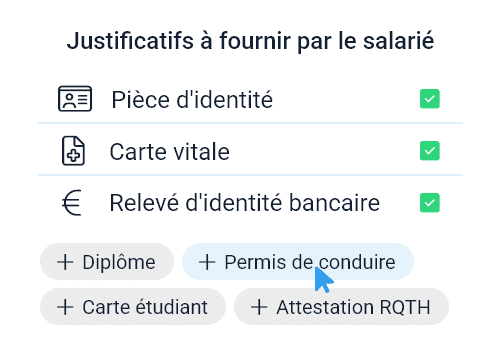Illustration sélection des justificatifs - Fonctionnalité du module Embauche de Staff & Go