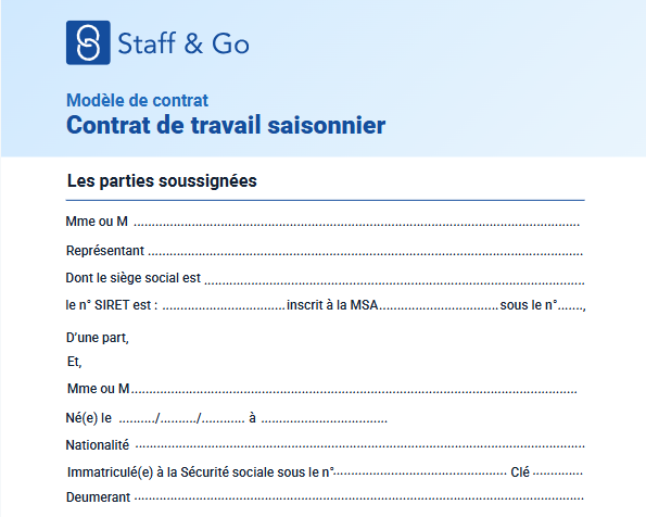 Modèle - Contrat de travail saisonnier - Staff & Go