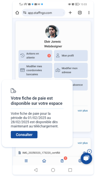 E-coffre salarié notification de reçu de fiche de paie logiciel SIRH staff & go